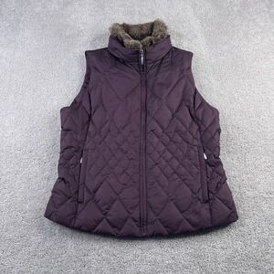Eddie Bauer Vest Womens Medium Purple Premium Goose Down Quilted Faux Fur Collar